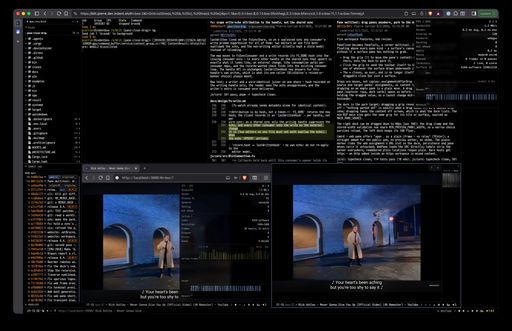 blit connected to a remote server, with two nested views of the same music video in the bottom panes