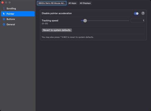 LinearMouse.app settings, with Disable pointer acceleration and a Tracking speed of 1