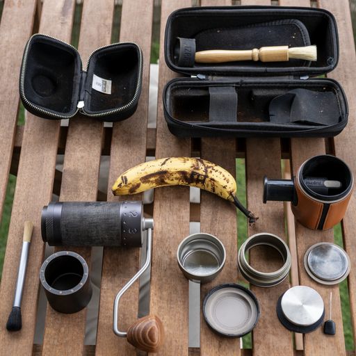 Mobile espresso gear, unpacked, with a banana for scale