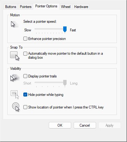 Windows configuration with the fastest pointer speed and no pointer precision enhancement