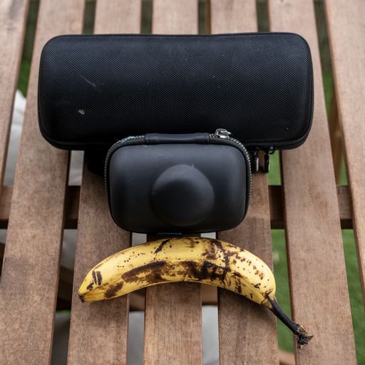 Mobile espresso gear, packed, with a banana for scale