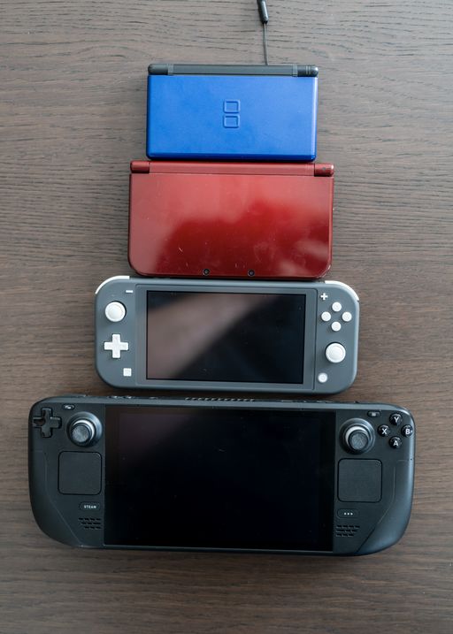 Many handhelds (DS Lite, New 3DS XL, Switch Lite, Steam Deck)